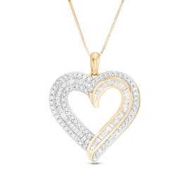 0.95 CT. T.W. Baguette and Round Diamond Double Row Heart Pendant in 10K Gold
