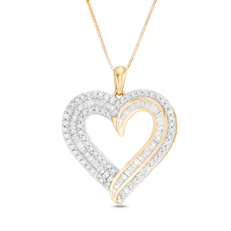 Main Image 1 of 0.95 CT. T.W. Baguette and Round Diamond Double Row Heart Pendant in 10K Gold