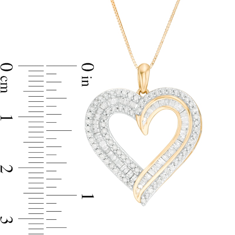 Main Image 3 of 0.95 CT. T.W. Baguette and Round Diamond Double Row Heart Pendant in 10K Gold