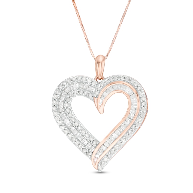 0.95 CT. T.W. Baguette and Round Diamond Double Row Heart Pendant in 10K Rose Gold