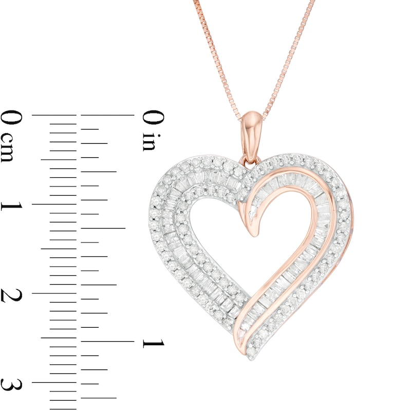 0.95 CT. T.W. Baguette and Round Diamond Double Row Heart Pendant in 10K Rose Gold