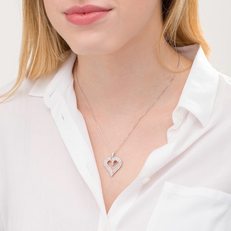 Main Image 2 of 0.95 CT. T.W. Diamond Double Row Shadow Heart Pendant in 10K White Gold