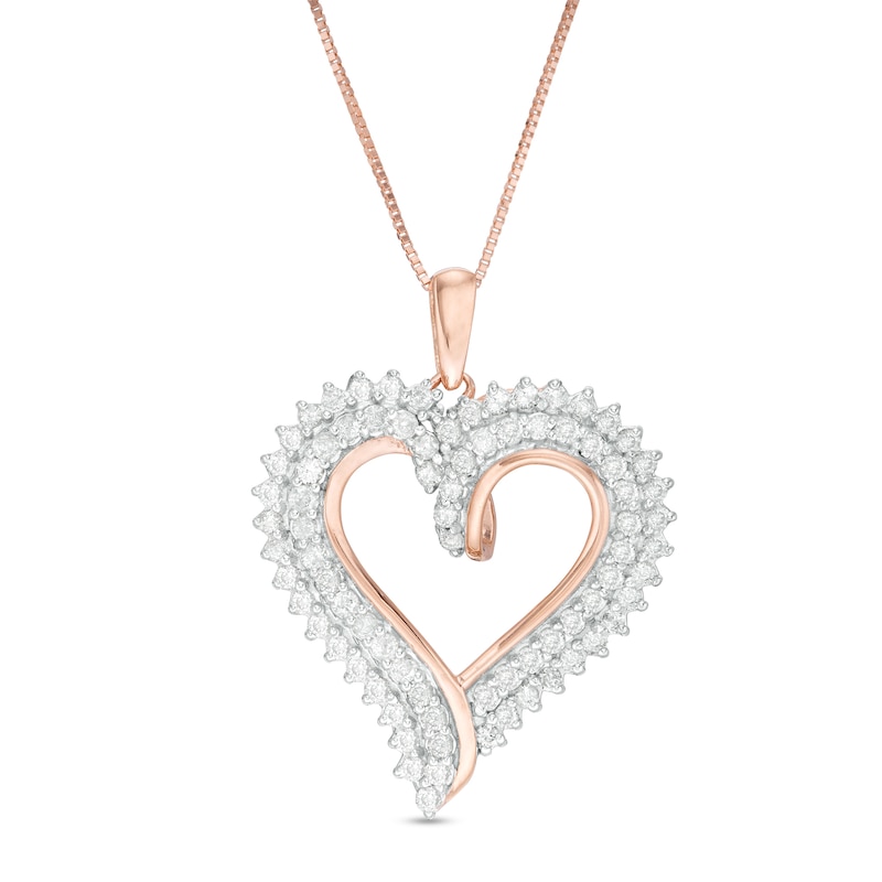 0.95 CT. T.W. Diamond Double Row Heart Pendant in 10K Rose Gold