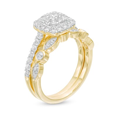 0.95 CT. T.W. Composite Cushion-Shaped Diamond Art Deco Bridal Set in 10K Gold