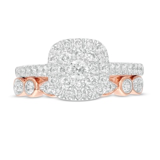 0.95 CT. T.W. Composite Cushion-Shaped Diamond Art Deco Bridal Set in 10K Rose Gold