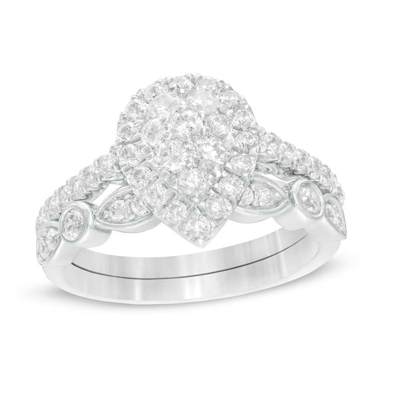 Main Image 1 of 0.95 CT. T.W. Composite Pear-Shaped Diamond Art Deco Bridal Set in 10K White Gold