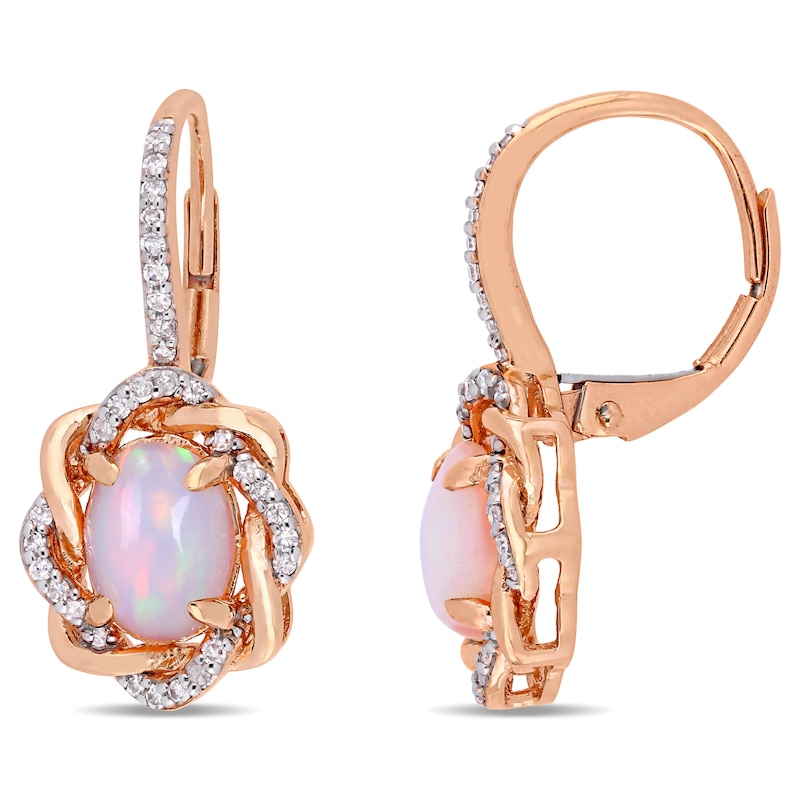 Oval Pink Opal and 0.24 CT. T.W. Diamond Twist Frame Drop Earrings in 10K Rose Gold