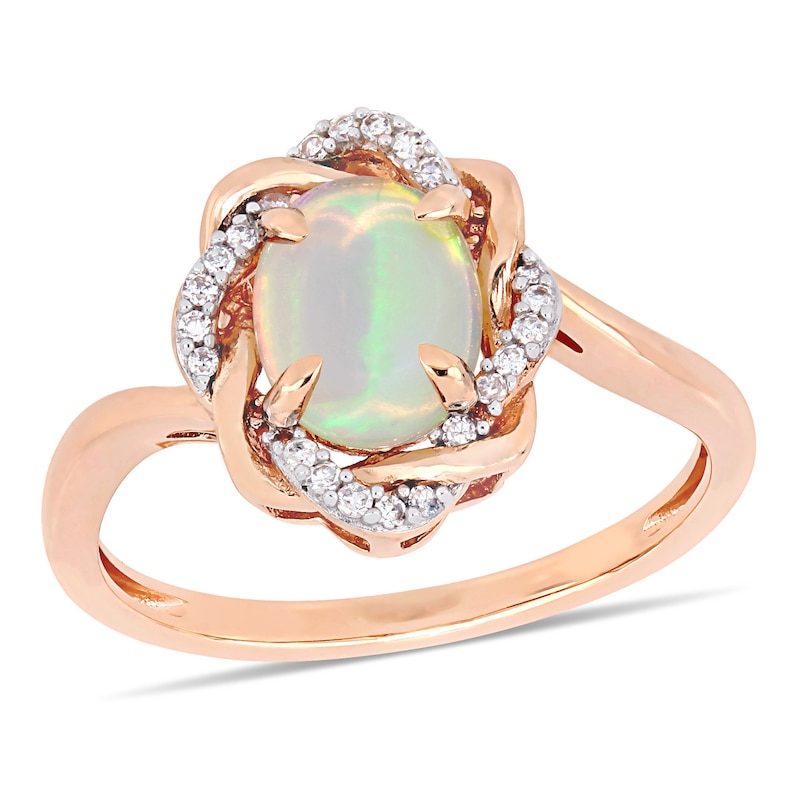 Oval Opal and 0.08 CT. T.W. Diamond Twist Frame Ring in 10K Rose Gold