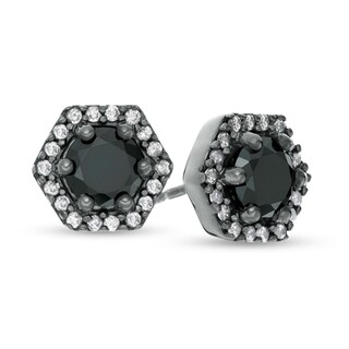 1.37 CT. T.W. Enhanced Black and White Diamond Hexagonal Frame Stud Earrings in 10K White Gold with Black Rhodium