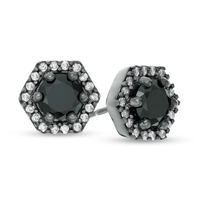 1.37 CT. T.W. Enhanced Black and White Diamond Hexagonal Frame Stud Earrings in 10K White Gold with Black Rhodium