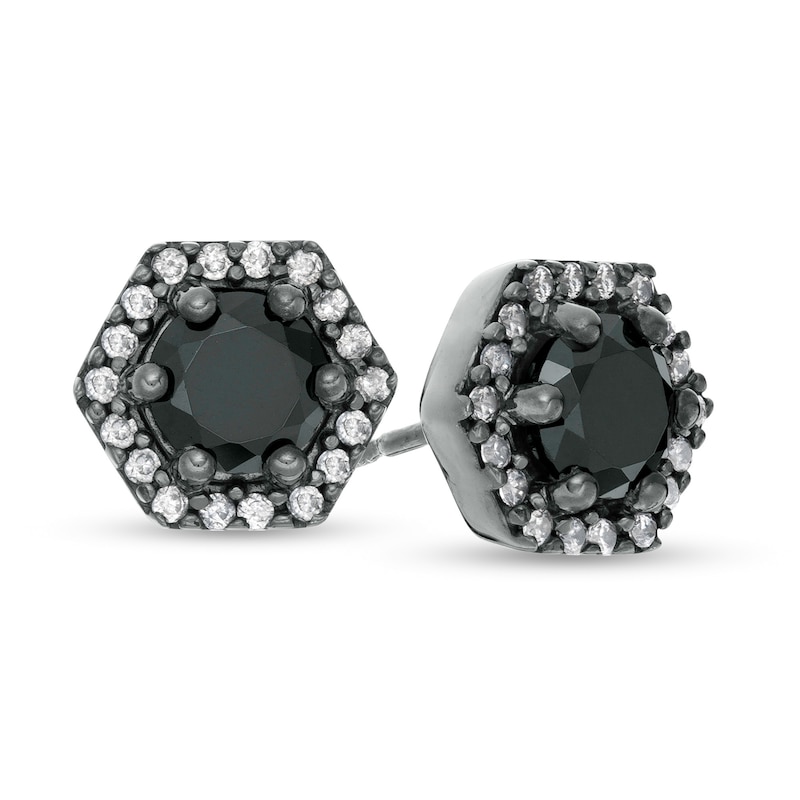 1.37 CT. T.W. Enhanced Black and White Diamond Hexagonal Frame Stud Earrings in 10K White Gold with Black Rhodium
