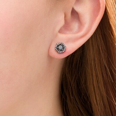 1.37 CT. T.W. Enhanced Black and White Diamond Hexagonal Frame Stud Earrings in 10K White Gold with Black Rhodium