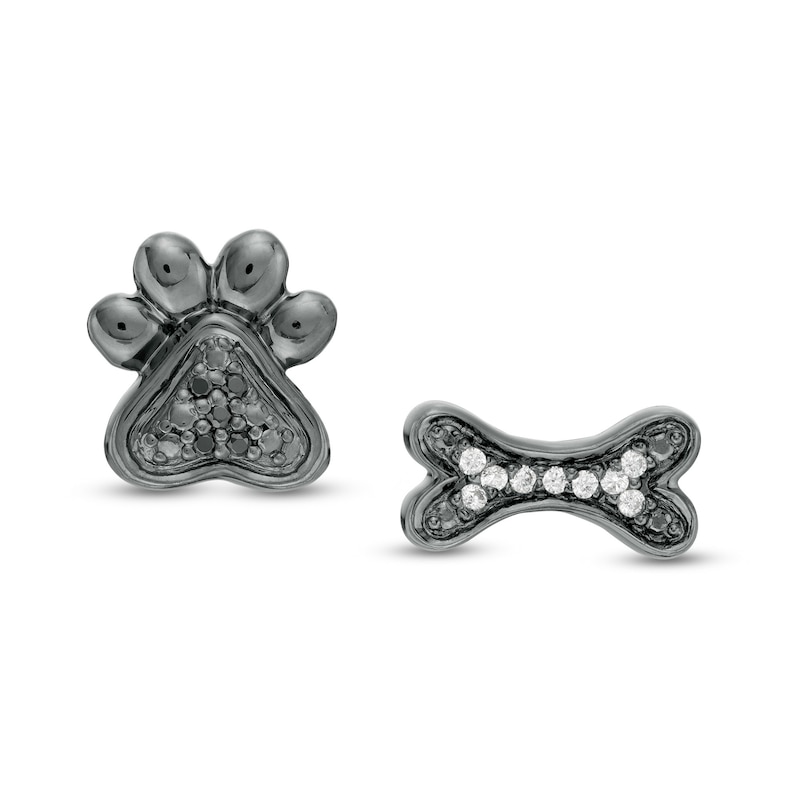 Main Image 1 of 0.04 CT. T.W. Enhanced Black and White Diamond Bone and Paw Mismatch Stud Earrings in Sterling Silver with Black Rhodium