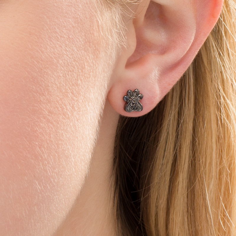 Main Image 2 of 0.04 CT. T.W. Enhanced Black and White Diamond Bone and Paw Mismatch Stud Earrings in Sterling Silver with Black Rhodium