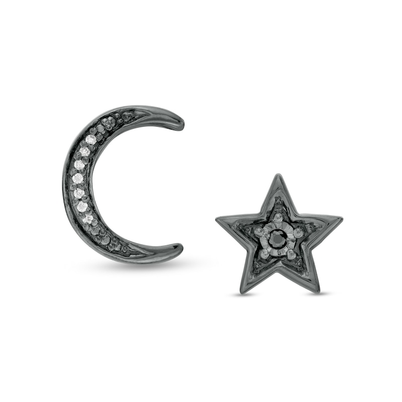 Black and White Diamond Accent Moon and Star Mismatch Stud Earrings in Sterling Silver with Black Rhodium
