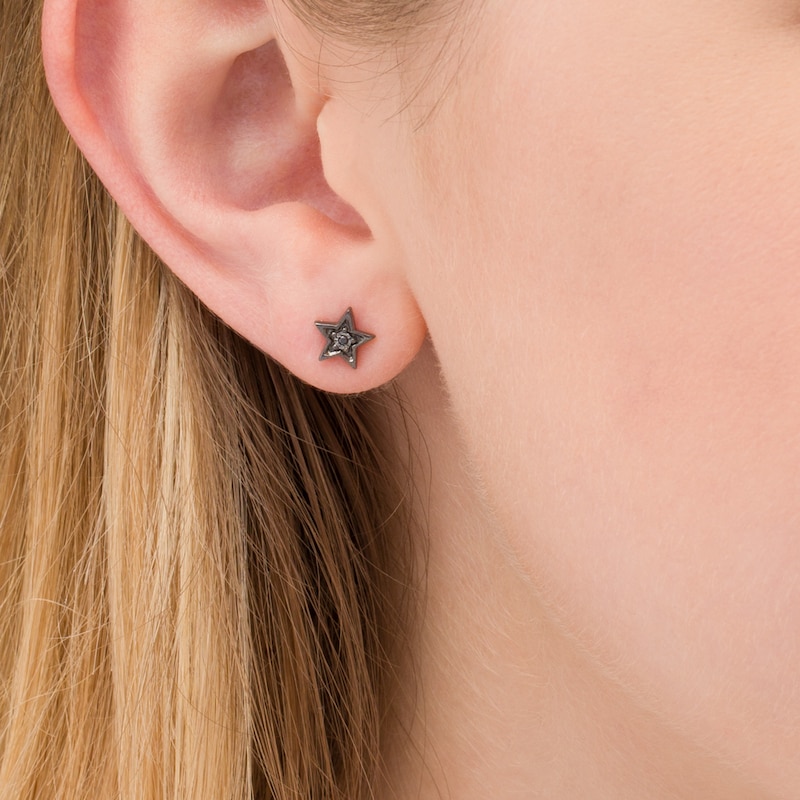 Main Image 3 of Black and White Diamond Accent Moon and Star Mismatch Stud Earrings in Sterling Silver with Black Rhodium