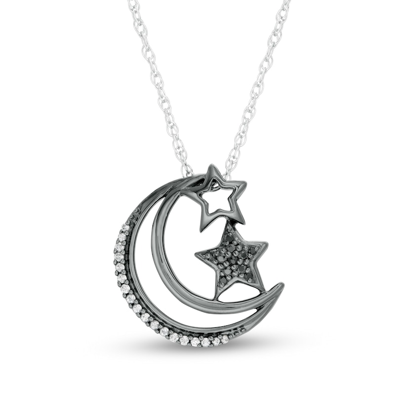 0.115 CT. T.W. Enhanced Black and White Diamond Crescent Moon and Stars Pendant in Sterling Silver with Black Rhodium