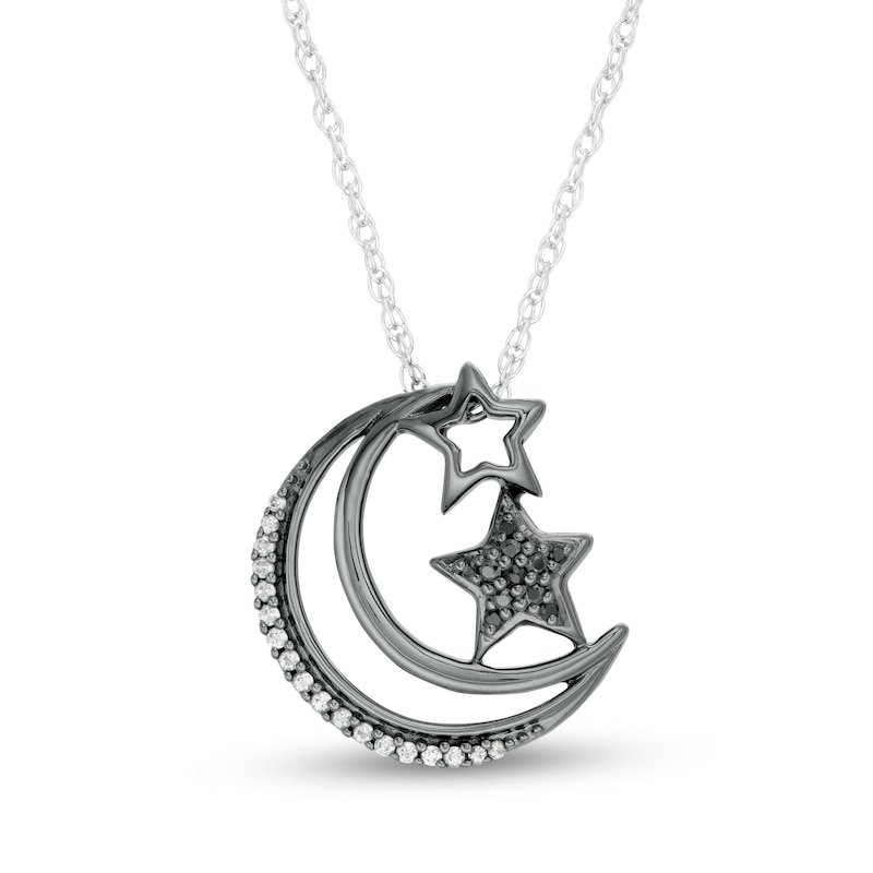Main Image 1 of 0.115 CT. T.W. Enhanced Black and White Diamond Crescent Moon and Stars Pendant in Sterling Silver with Black Rhodium