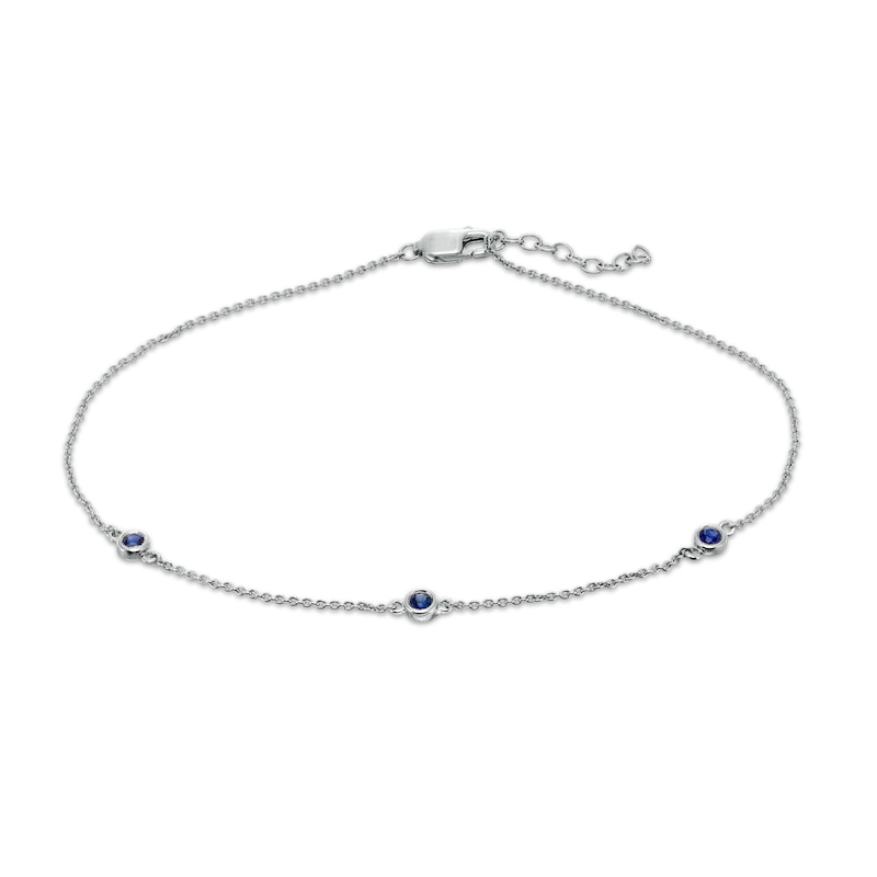 Bezel-Set Lab-Created Blue Sapphire Three Stone Station Anklet in Sterling Silver - 10"