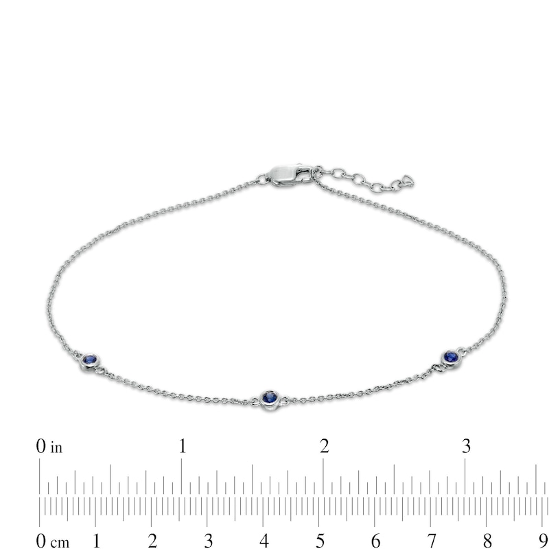 Bezel-Set Lab-Created Blue Sapphire Three Stone Station Anklet in Sterling Silver - 10"