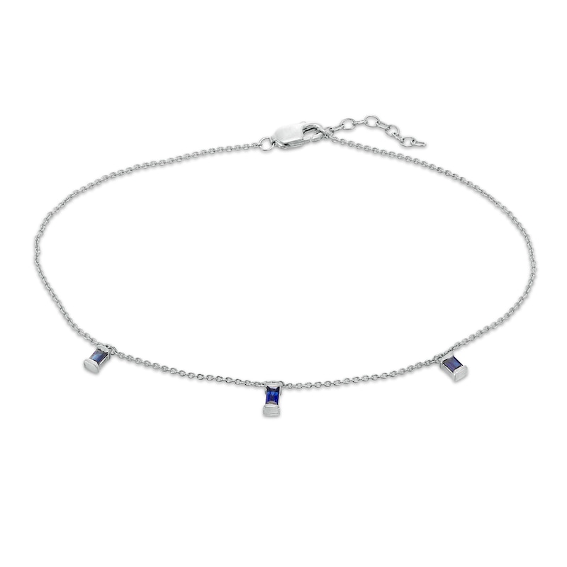 Main Image 1 of Baguette Lab-Created Blue Sapphire Three Stone Charm Station Anklet in Sterling Silver - 10"