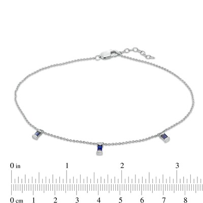 Baguette Lab-Created Blue Sapphire Three Stone Charm Station Anklet in Sterling Silver - 10"