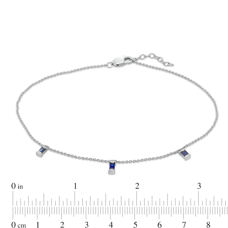 Main Image 3 of Baguette Lab-Created Blue Sapphire Three Stone Charm Station Anklet in Sterling Silver - 10"