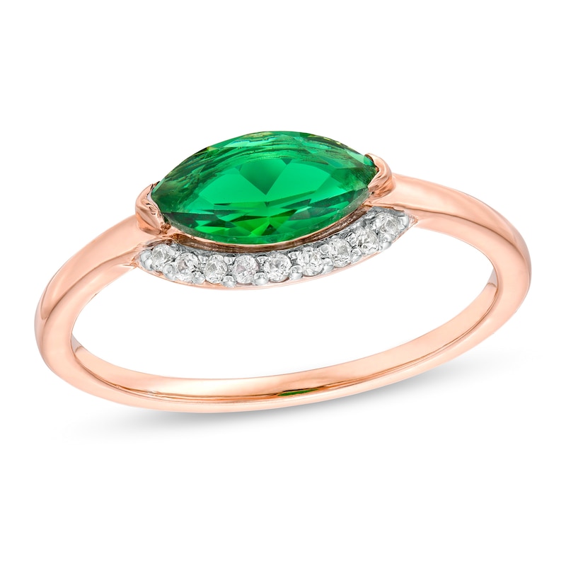 Sideways Marquise Lab-Created Emerald and White Sapphire Curved Halo Ring in Sterling Silver with 14K Rose Gold Plate