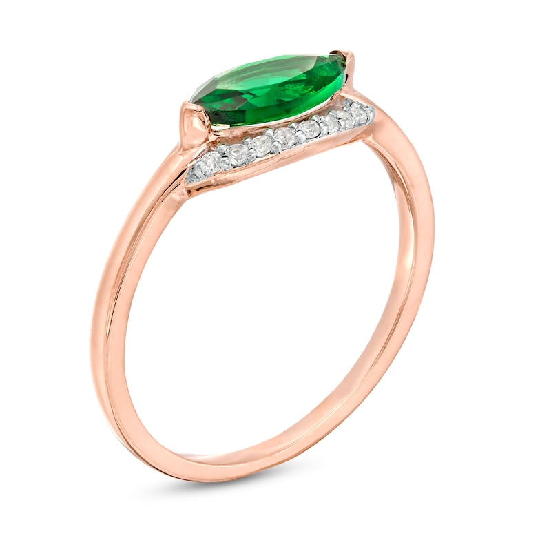 Sideways Marquise Lab-Created Emerald and White Sapphire Curved Halo Ring in Sterling Silver with 14K Rose Gold Plate