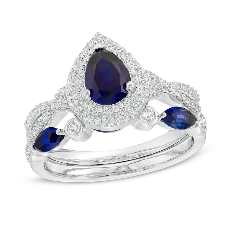 Pear-Shaped Lab-Created Blue and White Sapphire Double Frame Twist Shank Art Deco Bridal Set in Sterling Silver|Peoples Jewellers