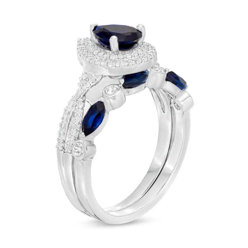 Pear-Shaped Lab-Created Blue and White Sapphire Double Frame Twist Shank Art Deco Bridal Set in Sterling Silver|Peoples Jewellers