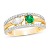 Thumbnail Image 0 of Lab-Created Emerald and White Sapphire Two Stone Triple Row Split Shank Ring in Sterling Silver with 14K Gold Plate