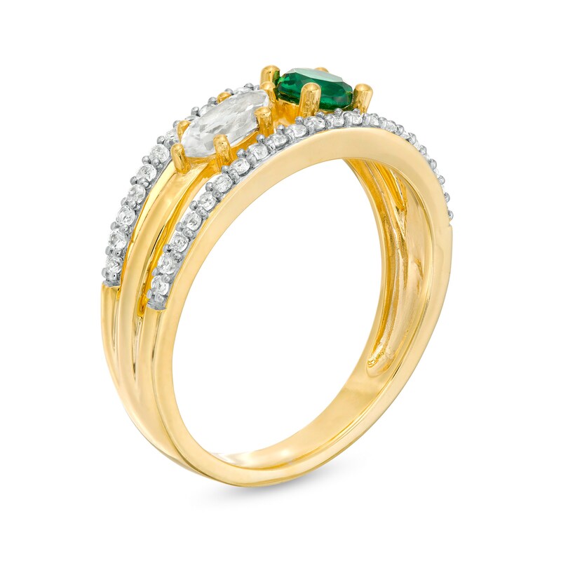 Lab-Created Emerald and White Sapphire Two Stone Triple Row Split Shank Ring in Sterling Silver with 14K Gold Plate