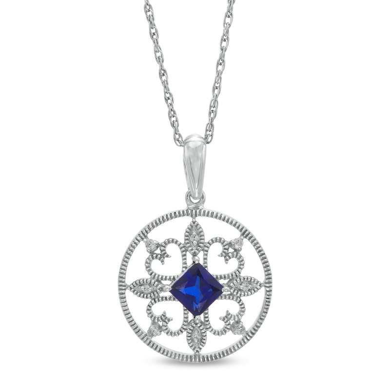 Princess-Cut Lab-Created Blue Sapphire and Diamond Accent Clover Circle Frame Vintage-Style Pendant in Sterling Silver