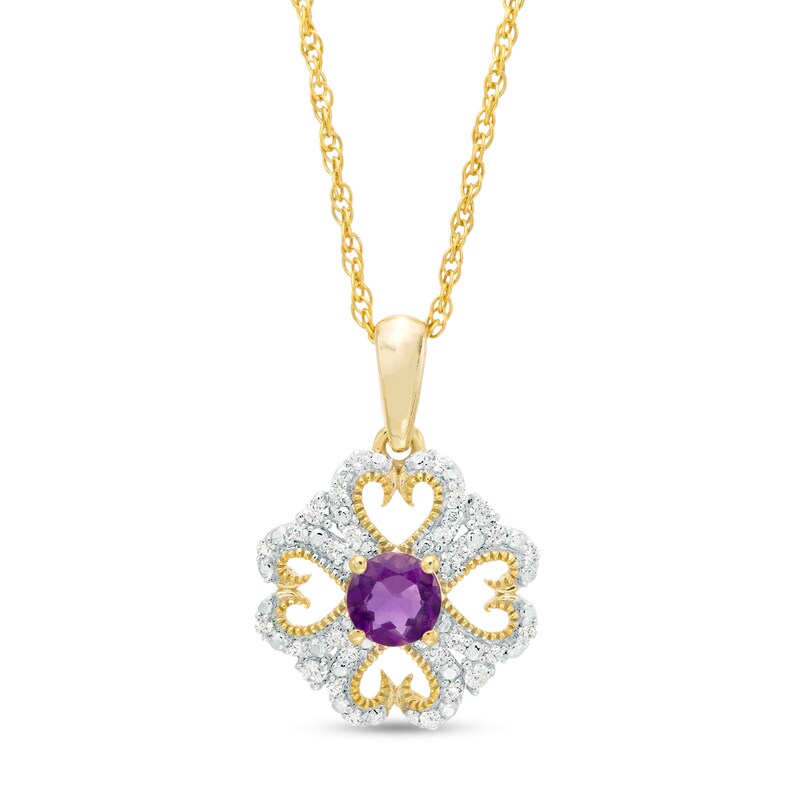 Main Image 1 of 4.0mm Amethyst and 0.085 CT. T.W. Diamond Vintage-Style Heart-Shaped Four-Leaf Clover Pendant in 10K Gold