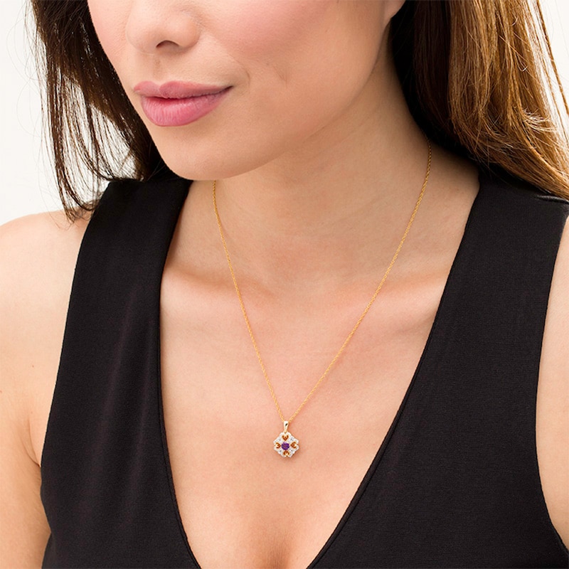 Main Image 2 of 4.0mm Amethyst and 0.085 CT. T.W. Diamond Vintage-Style Heart-Shaped Four-Leaf Clover Pendant in 10K Gold