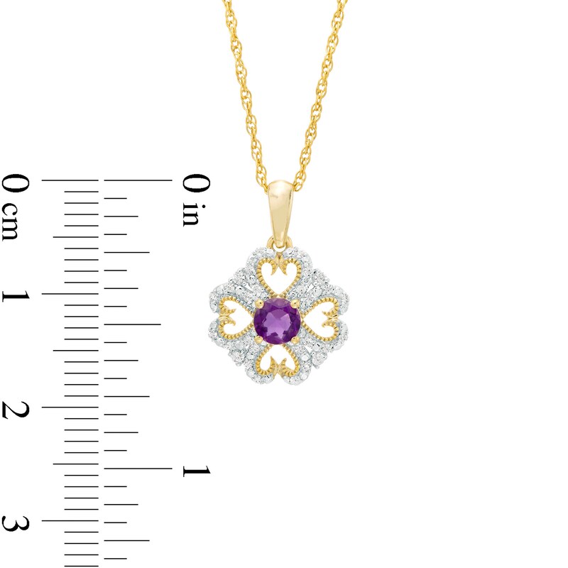 Main Image 3 of 4.0mm Amethyst and 0.085 CT. T.W. Diamond Vintage-Style Heart-Shaped Four-Leaf Clover Pendant in 10K Gold