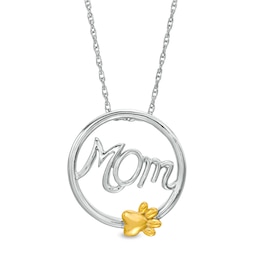 Cursive &quot;Mom&quot; and Paw Print Circle Frame Pendant in Sterling Silver and 10K Gold