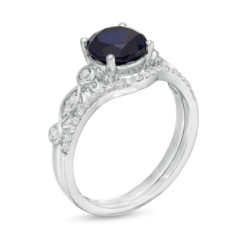 Main Image 3 of 7.5mm Lab-Created Blue Sapphire and 0.15 CT. T.W. Diamond Geometric Bridal Set in Sterling Silver