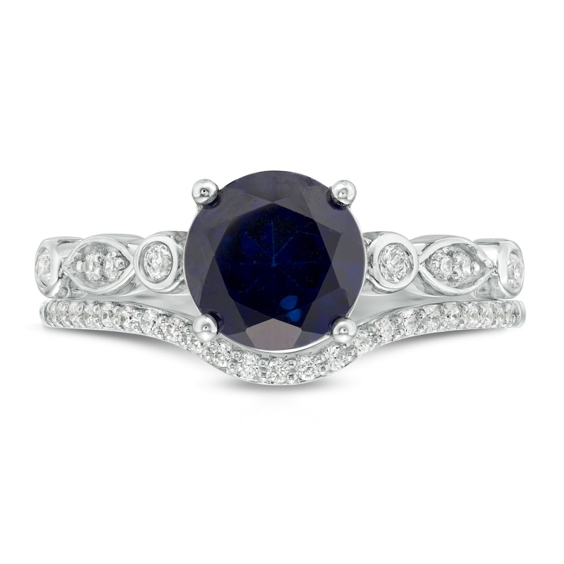 Main Image 4 of 7.5mm Lab-Created Blue Sapphire and 0.15 CT. T.W. Diamond Geometric Bridal Set in Sterling Silver