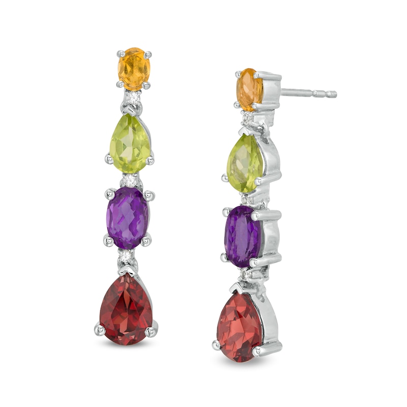 Pear-Shaped and Oval Multi-Gemstone and Lab-Created White Sapphire Graduated Linear Drop Earrings in Sterling Silver