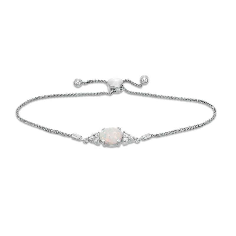 Main Image 1 of Oval Lab-Created Opal and White Sapphire Tri-Sides Bolo Bracelet in Sterling Silver - 9.5"