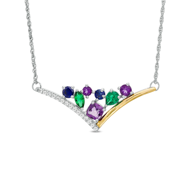 Multi-Gemstone and Lab-Created White Sapphire Triangle Cluster Chevron Necklace in Sterling Silver and 10K Gold