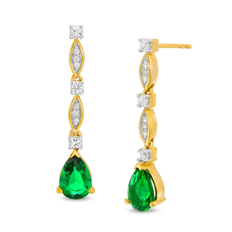 Pear-Shaped Lab-Created Emerald and White Sapphire Marquise Frame Drop Earrings in Sterling Silver with 14K Gold Plate