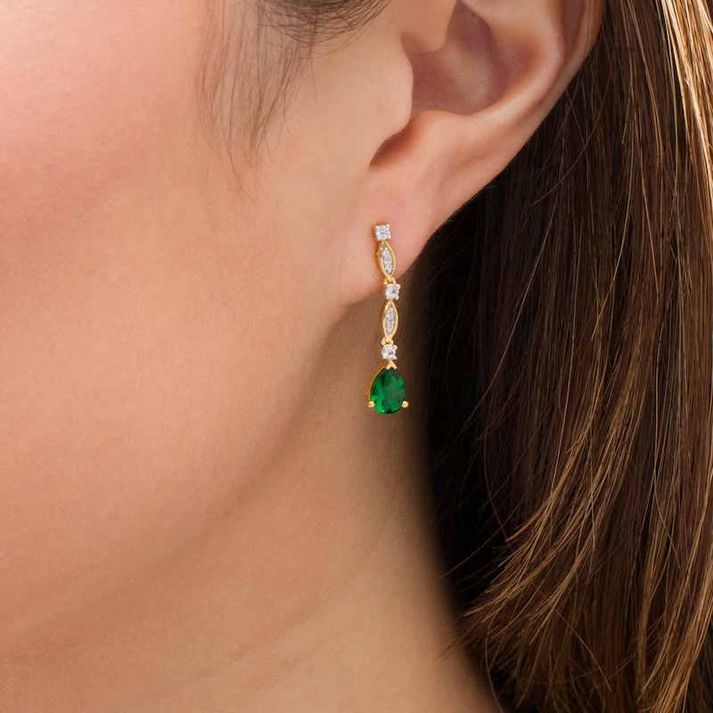 Pear-Shaped Lab-Created Emerald and White Sapphire Marquise Frame Drop Earrings in Sterling Silver with 14K Gold Plate