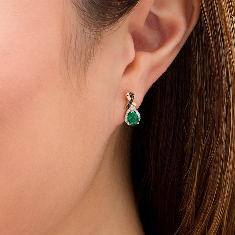 Lab-Created Emerald and 0.116 CT. T.W. Enhanced Black and White Diamond Drop Earrings in Sterling Silver with 14K GP