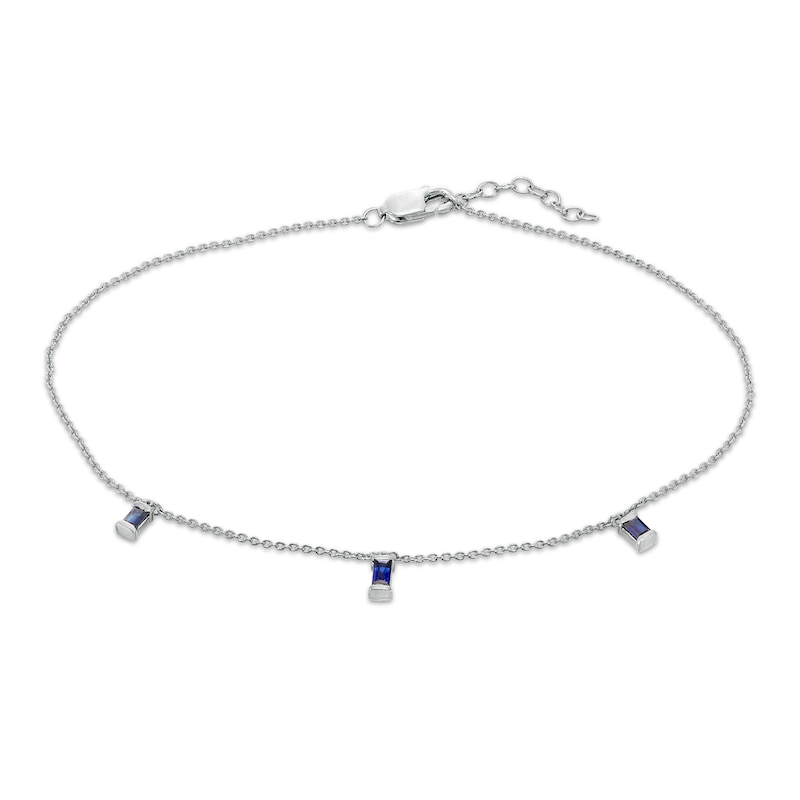 Baguette Lab-Created Blue Sapphire Three Stone Charm Station Anklet in Sterling Silver - 10"