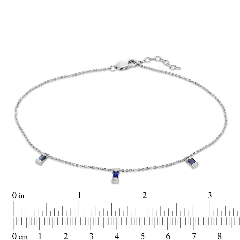 Baguette Lab-Created Blue Sapphire Three Stone Charm Station Anklet in Sterling Silver - 10"