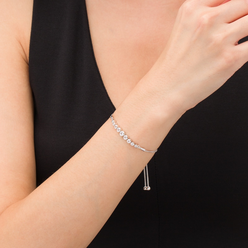 Graduating Bezel-Set Lab-Created White Sapphire Bolo Bracelet in Sterling Silver - 9.5"