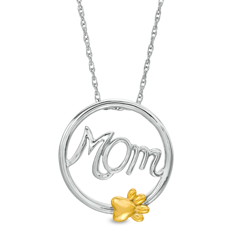 Cursive "Mom" and Paw Print Circle Frame Pendant in Sterling Silver and 10K Gold